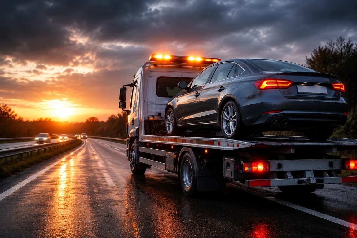 A recovery truck carrying a car on the motorway at sunset.