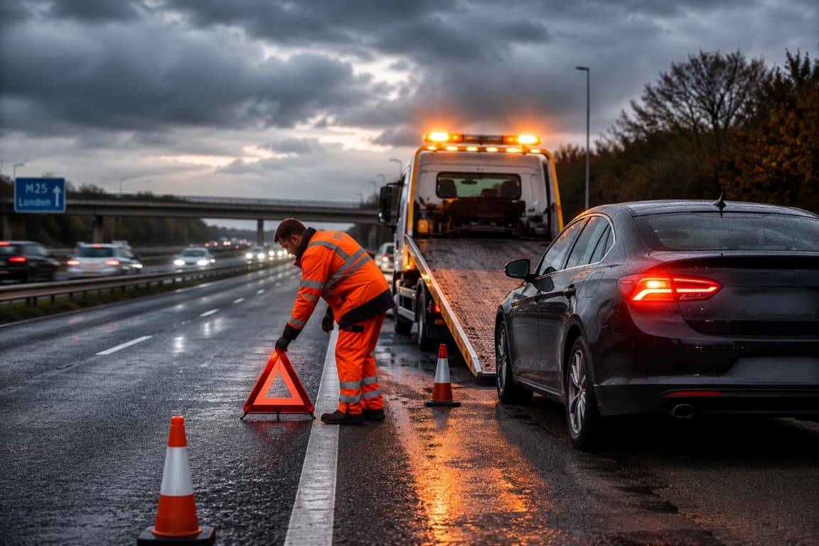 A recovery technician setting out a warning triangle beside a tow truck loading a car on the motorway.