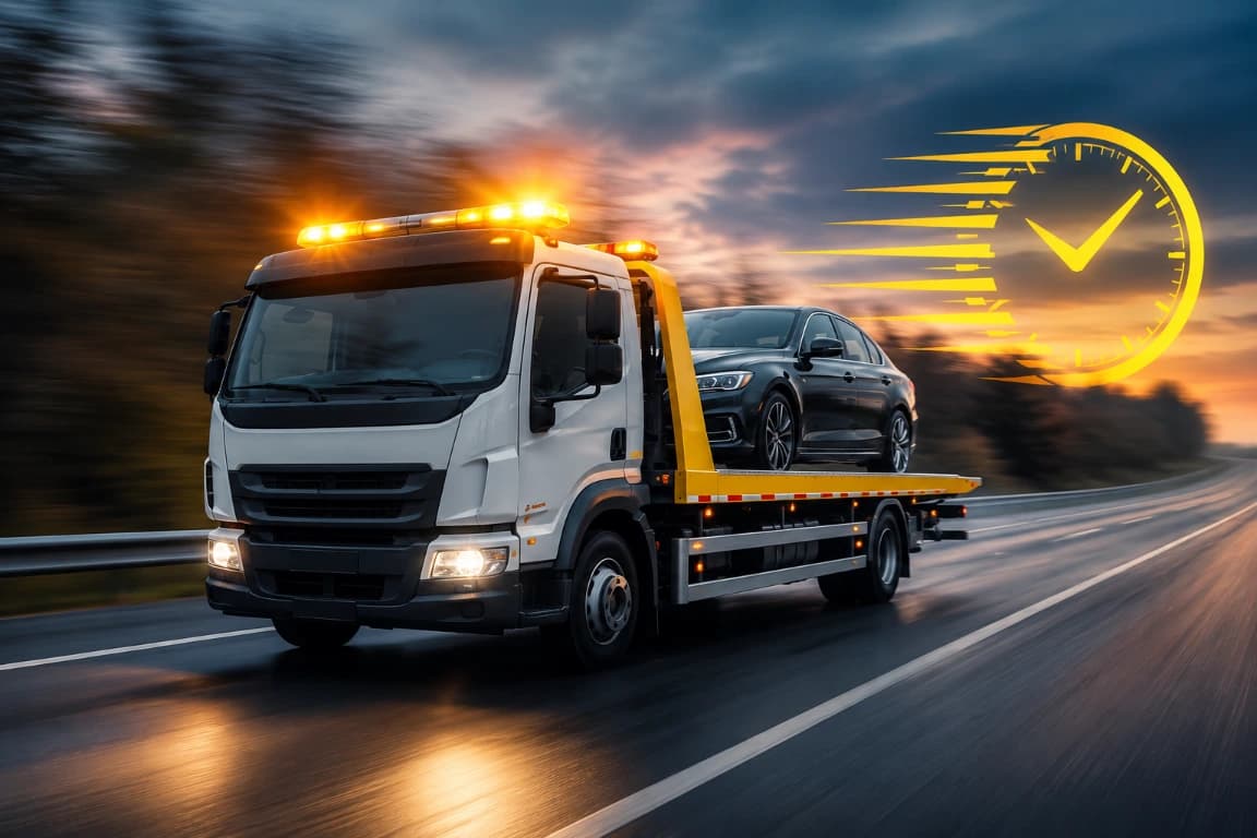 A tow truck speeding to a call-out with a fast-response clock graphic.